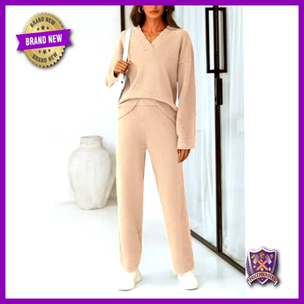 V-Neck Sweater Set High Waist Wide Leg Pants Loungewear Matching Outfit Cozy